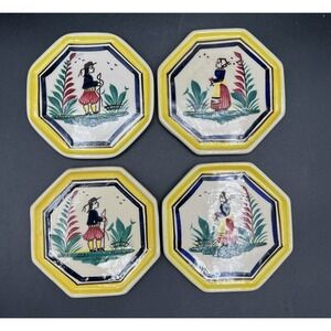 VTG Henriot HB Quimper Pottery Dip Dish Coaster Saucer France Yellow Band 1900s